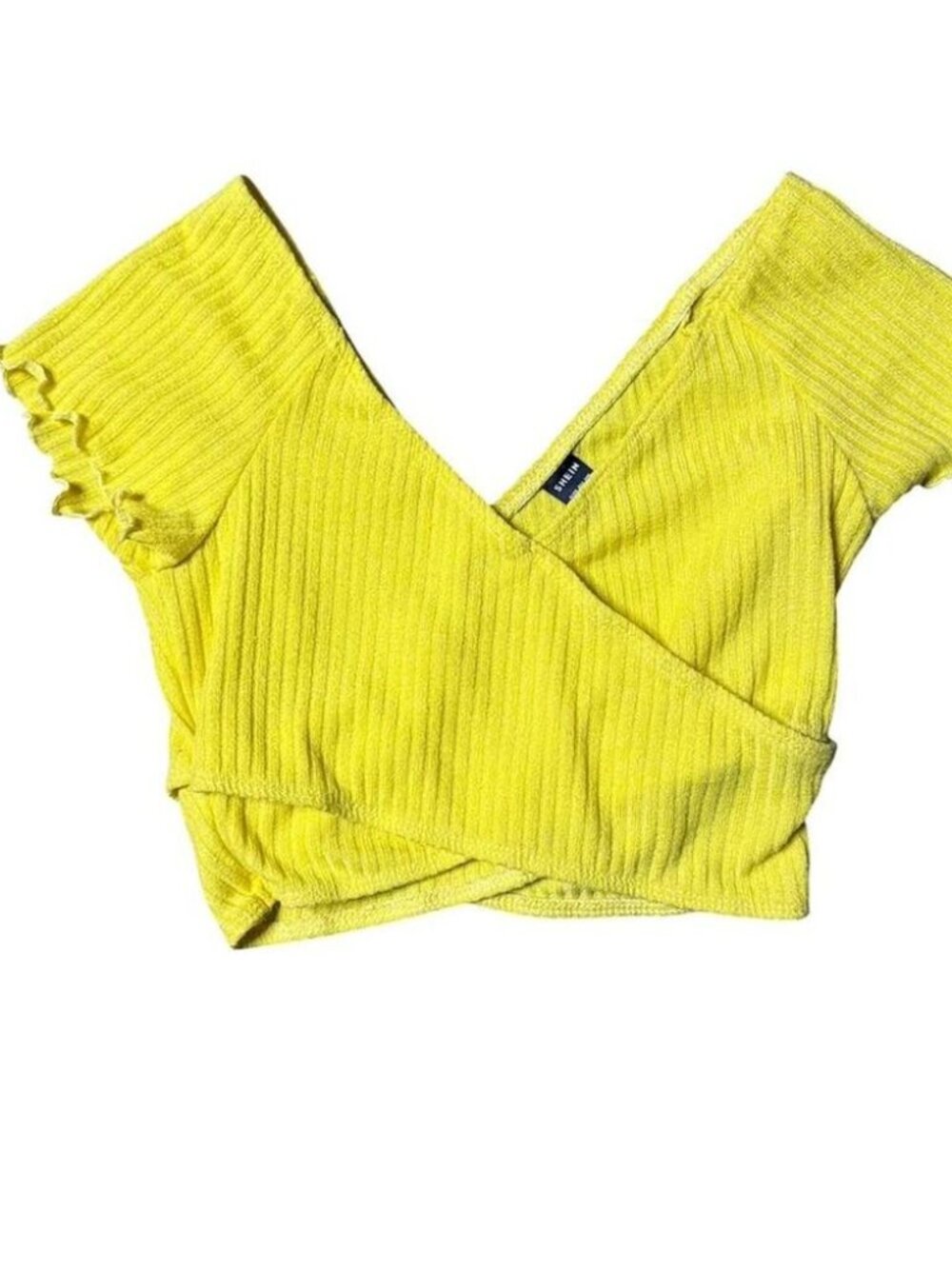 SHEIN Yellow Ribbed Wrap Crop Top with Ruffle Details Sz Small